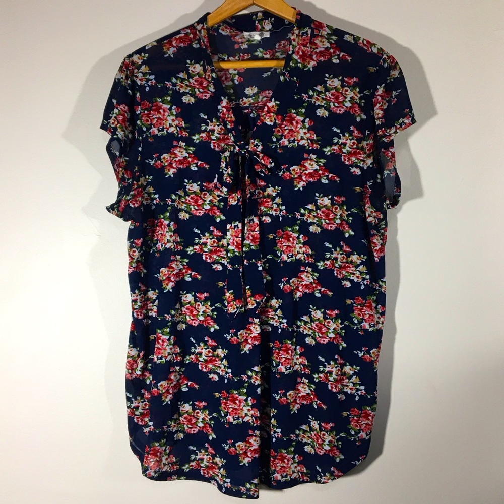 Siren Lily Keyhole Tie Dark Granny Floral Popover Top